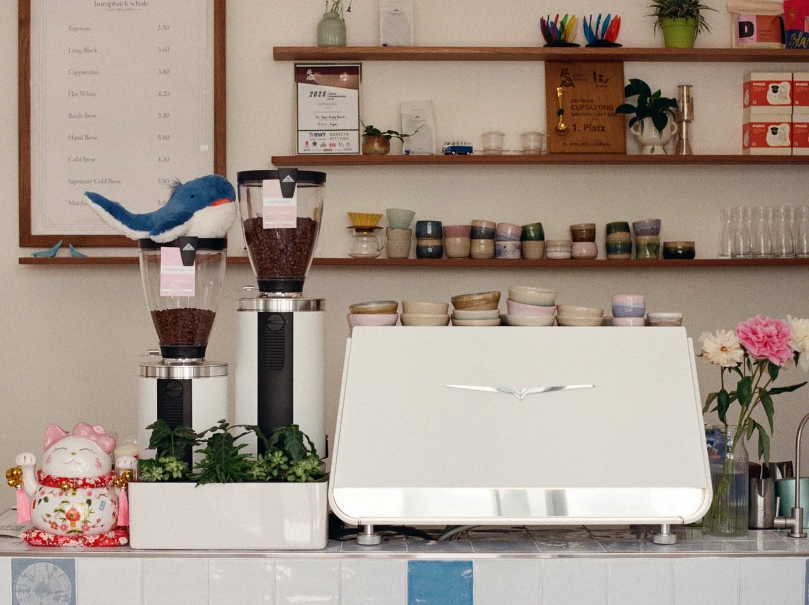 The Humpback Whale café bar in Munich — espresso machine, handmade ceramic cups, and the 2025 German Cup Tasting championship trophy on the shelf